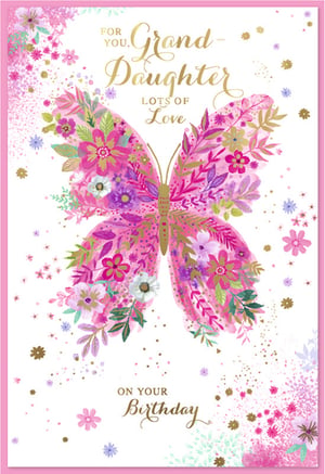Make her birthday extra special with this enchanting Granddaughter card from Simon Elvin. This beautifully designed card features a magnificent butterfly, artfully composed of a vibrant tapestry of pink, purple, and gold flowers and foliage. Delicate scattered blossoms and sparkling gold accents add a touch of magic to the design.
The loving message, "FOR YOU, Granddaughter LOTS OF Love ON YOUR Birthday," is elegantly presented in a shimmering gold script, ensuring a truly memorable greeting. Ideal for retailers, this delightful card is supplied in a convenient pack of 6 (1x6), ready to brighten any Granddaughter's celebration.