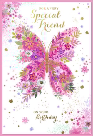This delightful birthday card from Simon Elvin is designed especially for a very special female friend. Adorned with a magnificent butterfly, intricately formed from a vibrant tapestry of pink, purple, and green floral elements, and highlighted with shimmering gold accents, it's a truly eye-catching design. The elegant script conveys heartfelt wishes: 'For a Very Special Friend' and 'On Your Birthday'. A wonderful choice for your greeting card selection, these charming cards are supplied in convenient packs of six.