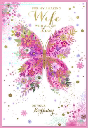 Offer your customers a truly lovely way to celebrate their wife's birthday with this charming card from Simon Elvin. The design features a striking butterfly, artfully composed of colourful pink and purple flowers and foliage, with delicate gold highlights and a subtle shimmer. The heartfelt message, 'FOR MY AMAZING Wife WITH ALL MY Love ON YOUR Birthday', is elegantly scripted in gold, making it a warm and personal choice. This card provides a wonderful opportunity for customers to express their affection. Supplied in packs of 6, it's a delightful addition to any greeting card display.
