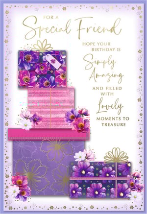Wish your special friend a truly wonderful birthday with this stunning card. Featuring a delightful stack of beautifully wrapped gifts in vibrant purples and pinks, adorned with intricate floral patterns and sparkling details, it's a feast for the eyes. The elegant gold script on the front wishes a "Special Friend" a "Simply Amazing" birthday, filled with "Lovely Moments to Treasure." It's the perfect way to convey heartfelt wishes and make her feel cherished. These gorgeous cards are available in convenient packs of six, ensuring you're always ready for those special occasions.