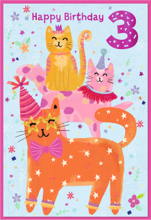 Celebrate a special third birthday with this absolutely adorable card, perfect for any little girl! Our 'Age 3 Female' card features a charming stack of three party-ready cats, each dressed in their finest birthday attire. The vibrant orange cat at the bottom sports star-shaped glasses and a snazzy pink bow tie, while the pink cat in the middle wears a fun party hat and a frilly collar. Perched on top, the yellow tabby cat dons a tiny crown, all set against a cheerful light blue background scattered with confetti and flowers.

With 'Happy Birthday 3' boldly displayed, this card from Simon Elvin is bursting with joy and colour. Supplied in a convenient pack size of 1x6, it's a delightful addition to any retail offering, sure to bring smiles to both parents and birthday girls alike!
