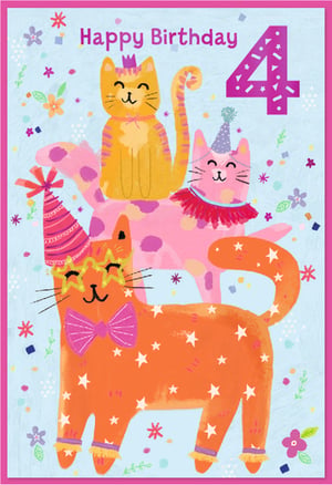 Introduce a splash of feline fun to your birthday card selection with this charming Age 4 Female card from Simon Elvin. Perfect for celebrating a little girl's special day, the design features an adorable stack of three party-loving cats, each dressed in their finest celebratory attire – from a regal crown and star glasses to a dapper bow tie and festive party hats. Set against a cheerful light blue backdrop adorned with confetti and delicate flowers, this card radiates joy. The prominent "Happy Birthday 4" message makes it an ideal choice for a memorable fourth birthday. Supplied in a convenient pack of 6, it’s a purr-fect addition to your retail range.