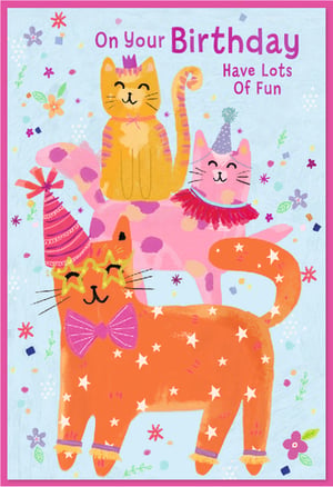 Brighten up your greeting card display with this charming "Open Birthday Female" card from Simon Elvin. This vibrant design showcases an adorable stack of three party-ready cats, each adorned with festive accessories like party hats, a crown, and star glasses. Against a cheerful light blue background, scattered with colourful confetti and flowers, the playful artwork and bright hues of orange, pink, and yellow create an eye-catching appeal. Perfect for celebrating any female's special day, the card conveys a warm wish to "Have Lots Of Fun". Stock up with this convenient 1x6 pack, offering your customers a delightful and memorable birthday greeting.