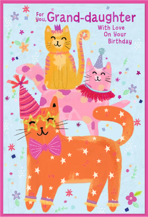 Make your granddaughter's birthday extra special with this charming card from Simon Elvin. This delightful design showcases three festive cats, stacked playfully and ready to party! The bottom orange cat is a real star, sporting cool star-shaped glasses and a snazzy pink bow tie. Above, a pink spotted cat wears a frilly collar and a fun party hat, while a striped orange cat with a tiny crown sits regally on top. The light blue background is sprinkled with colourful confetti and flowers, enhancing the celebratory mood. The card features the heartfelt message: "For You, Grand-daughter With Love On Your Birthday". This 'Granddaughter' card is supplied in a convenient pack size of 1x6, ideal for your card selection.