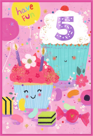 Celebrate a very special 5th birthday with this absolutely delightful card! Designed for a little girl turning five, it features two adorable, smiling cupcakes ready for a party. One cupcake proudly displays a sparkling number '5', while the other is topped with glowing candles and pretty flowers.
The vibrant pink background is bursting with fun, adorned with colourful balloons (including one that says "have fun!"), confetti, and shimmering glitter. Scattered around are an array of yummy sweets, from jelly beans to wrapped candies, adding to the festive charm. This card is a wonderfully sweet way to send birthday wishes and make her day extra memorable!