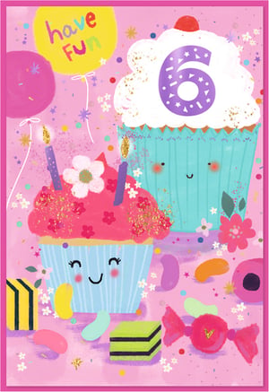 Celebrate a special 6th birthday with this adorable card from Simon Elvin. Perfect for a young girl, this delightful design features two charming cupcakes with sweet smiling faces, surrounded by colourful balloons, confetti, and delicious sweets. One cupcake proudly displays a large '6', while the other is topped with sparkling candles, ready for a wish. The vibrant pink background and playful "have fun" balloon add to the festive atmosphere. This card is sure to bring a huge smile to any 6-year-old's face. Available in a convenient pack of 6, it's an ideal addition to your greeting card selection.