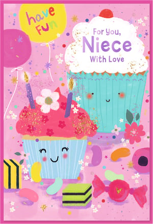 Send the sweetest wishes to a special niece with this adorable greeting card from Simon Elvin. Bursting with colour and charm, this card features two delightful, smiling cupcakes, one proudly displaying "For You, Niece With Love" on its frosting.
The vibrant pink background is playfully scattered with confetti, balloons, and an array of colourful sweets, creating a truly delightful scene. Complete with sparkling candles and cute floral details, it's the perfect way to celebrate her day. This cheerful design is sure to bring a big smile to her face. Available in a convenient pack of 6, it's ideal for your retail display.