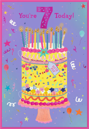 Celebrate a very special 7th birthday with this wonderfully vibrant card! Designed with a young girl in mind, it features a show-stopping, multi-tiered birthday cake, complete with sparkling candles, colourful confetti, and sweet berry decorations. The cheerful "You're 7 Today!" message stands out against a playful purple background, surrounded by balloons and stars. This card is a true burst of joy, making it the perfect way to send happy birthday wishes to a little one. Each pack contains 6 cards, ready to brighten any celebration.