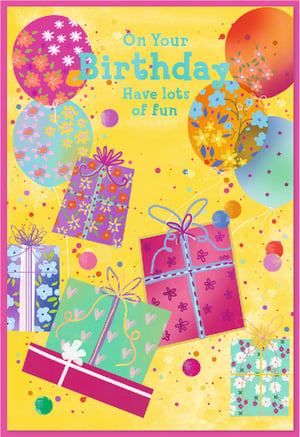 Brighten someone's special day with this delightful 'Open Birthday Female' card from Simon Elvin. Featuring a vibrant yellow background, this cheerful design is adorned with an array of colourful balloons and beautifully wrapped gifts, all bursting with floral and star patterns. The heartfelt message, 'On Your Birthday Have lots of fun', is perfect for celebrating any female recipient. Scattered confetti adds an extra touch of festivity. Each pack contains 6 cards, ensuring you're always stocked for those important occasions. A truly joyful card to send warm wishes.