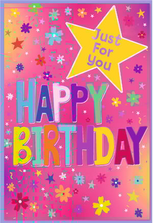 Brighten someone's special day with this delightful 'Open Birthday Female' card from Simon Elvin. Bursting with vibrant colours, this cheerful design features bold 'HAPPY BIRTHDAY' lettering, surrounded by a playful scattering of flowers, stars, and confetti. A charming yellow star proudly declares 'Just For You', adding a lovely personal touch.

Perfect for any female recipient, this versatile card is sure to bring a smile. Its eye-catching pink and magenta background creates a truly festive feel. Available in a convenient pack of 6, it's an essential addition to your greeting card selection. Stock up on this wonderfully colourful card today!