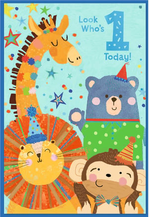 Celebrate a little one's first year with this delightful birthday card from Simon Elvin. This cheerful design features a friendly group of safari animals, including a giraffe, bear, lion, and monkey, all adorned with colourful party hats and festive details. Set against a light blue background dotted with stars and confetti, the card clearly announces "Look Who's 1 Today!" in bold, playful text. The vibrant colours and happy characters make it a wonderful choice for celebrating a special boy's milestone birthday. Stock up on this popular design, available in a convenient pack of 6.