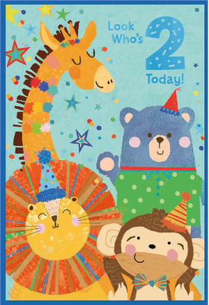 Introduce a burst of joy to your birthday card selection with this delightful 'Age 2' card from Simon Elvin. Perfect for celebrating a special second birthday, this vibrant design features an adorable ensemble of jungle friends, including a cheerful giraffe, a happy bear, a friendly lion, and a playful monkey, all adorned with festive party hats. The bright blue background is sprinkled with stars and confetti, creating a truly celebratory feel. With the clear message 'Look Who's 2 Today!', this card is sure to capture hearts. Available in a convenient pack size of 1x6, it's an ideal addition to your retail offerings.