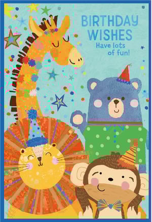 Bring smiles to every birthday boy with this delightful 'Open Birthday Male' card from Simon Elvin. Featuring an adorable ensemble of animal friends – a cheerful giraffe, a happy lion, a friendly bear, and a playful monkey – all ready to celebrate! Each character is adorned with festive party hats and surrounded by colourful confetti and stars, creating a truly joyful scene.

This vibrant card, with its warm 'BIRTHDAY WISHES Have lots of fun!' message, is perfect for sending happy greetings. The charming illustrations and bright palette make it an instant favourite for children of all ages. Stock up on this popular design; available in a convenient pack size of 1x6, ensuring your shelves are always ready for those special birthday moments.