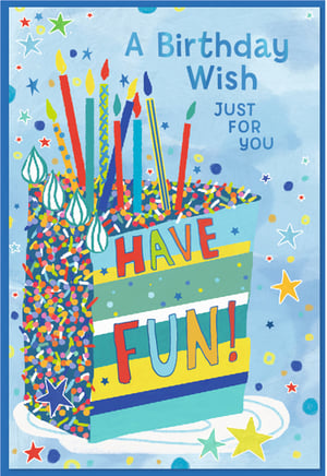 Brighten any birthday with this vibrant Open Birthday Male card from Simon Elvin. This cheerful design features a generous slice of cake, overflowing with colourful sprinkles and adorned with an array of bright candles. Set against a playful blue background scattered with stars, the card delivers a warm "A Birthday Wish JUST FOR YOU" and encourages the recipient to "HAVE FUN!". Its lively colours and engaging illustration make it a fantastic choice for celebrating any male's special day. Stock up with this convenient pack of 6, an excellent addition to your greeting card display.