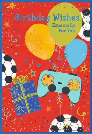 Make their birthday extra special with this vibrant 'Open Birthday Male' card from Simon Elvin. Bursting with fun, the bright red background is adorned with colourful confetti, stars, and streamers, setting a joyful tone. The design features popular male interests, including a cool gaming controller and classic footballs, alongside festive balloons and a beautifully wrapped gift. With its cheerful 'Birthday Wishes Especially For You' message, this card is perfect for celebrating boys and men of all ages. Available in a convenient pack of 6, it's an excellent addition to any retail collection.