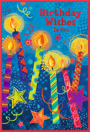 Light up their special day with this vibrant 'Open Birthday Male' card from Simon Elvin. Featuring a dazzling display of colourful candles, twinkling stars, and festive confetti against a bright blue background, this card is bursting with celebratory cheer.

The artistic, hand-painted style and joyful imagery make it a perfect choice for any male recipient, offering a warm and heartfelt birthday wish without being age or relation specific. Stock up your shelves with this popular design, available in convenient packs of 6, ensuring you're ready for every customer's birthday needs. A truly cheerful card to make anyone smile!