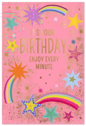 Brighten up any birthday celebration with this dazzling Open Birthday Female card from Simon Elvin! Featuring a vibrant pink background adorned with shimmering gold speckles, this card is a true showstopper. Colourful stars in various shapes and patterns, alongside cheerful rainbows, burst across the design, creating a wonderfully festive feel. The central message, 'IT'S YOUR BIRTHDAY ENJOY EVERY MINUTE', is elegantly presented in gold lettering, adding a touch of sparkle. Perfect for wishing any female a truly special day, this eye-catching card is sure to bring a smile. Available in a convenient pack size of 1x6, it's an ideal addition to your greeting card selection.