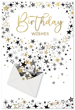 Make every birthday celebration sparkle with our 'Open Birthday Male' card from Simon Elvin. This stylish design features a contemporary mix of gold, black, and grey stars, creating a festive and sophisticated look. The elegant 'Birthday Wishes' script takes centre stage, framed by a shower of shimmering confetti-like stars. A charming open envelope detail adds a touch of magic, with stars seemingly bursting forth to spread joy. Perfect for a wide range of male recipients, this versatile card offers a modern and celebratory feel. Available in a convenient pack of 6, it's an excellent addition to any card display, ready to bring a smile to someone's special day.