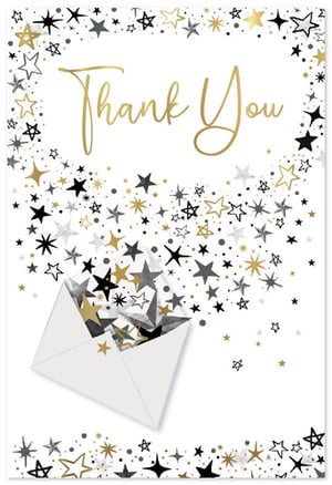 Express gratitude with a touch of sparkle using our elegant 'Thank You' cards from Simon Elvin. This delightful design features a beautiful gold script 'Thank You' message, framed by a cascade of shimmering stars and dots in sophisticated gold, black, and grey tones. A charming open envelope at the bottom appears to burst with these celebratory stars, adding a unique and memorable touch. Perfect for any occasion where a heartfelt thank you is in order, these cards convey appreciation with style and flair. Each pack contains 6 individual cards, making them an ideal wholesale choice for your customers to share their thanks.