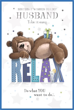 Offer your customers a wonderful way to celebrate with this 'Husband' birthday card from Simon Elvin. This charming design features a cute teddy bear relaxing on the word 'RELAX', embodying the perfect message for a special day. The bear is depicted holding a small gift and a letter, with a refreshing drink and scattered stars adding to the celebratory yet laid-back scene. Messages like 'Take it easy...' and 'Do what YOU want to do...' convey warm wishes for a truly relaxing birthday. This appealing card is supplied in a convenient pack of 6, making it an excellent addition to your greeting card range.