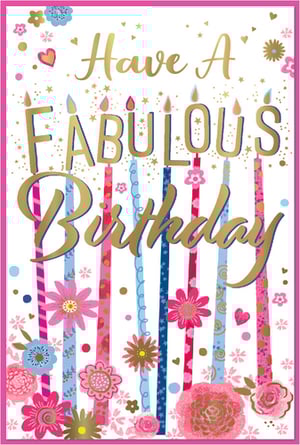 Make her birthday truly special with this delightful 'Have A Fabulous Birthday' card! Featuring shimmering gold lettering that spells out a wonderful wish, this card is bursting with celebratory charm. Colourful candles, adorned with playful patterns in shades of pink, blue, and gold, create a vibrant backdrop. Beautiful floral accents and scattered confetti details add an extra touch of joy. Perfect for any female recipient, this cheerful design from Simon Elvin is sure to bring a smile to her face on her big day. A truly fabulous choice!