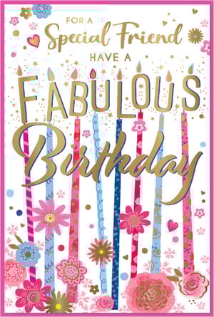 Help your customers celebrate their special friends with this vibrant birthday card from Simon Elvin. This eye-catching design features shimmering gold lettering that creatively spells "FABULOUS" with candles, followed by a flowing "Birthday." The cheerful pink and blue palette is complemented by an array of charming floral patterns, delicate hearts, and sparkling confetti, creating a truly festive feel. Perfect for conveying warm wishes to a cherished female friend, this card offers a delightful blend of elegance and fun. Stock up with ease, as this beautiful card is available in a convenient pack size of 1x6. A wonderful addition to any greeting card display.