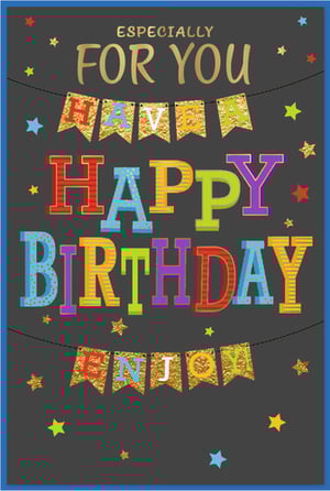 Help your customers celebrate in style with this vibrant 'Open Birthday Male' card from Simon Elvin. This eye-catching design features a cheerful 'ESPECIALLY FOR YOU' message, followed by sparkling gold glitter banners wishing 'HAVE A' and 'ENJOY'. The main event is a bold 'HAPPY BIRTHDAY' in a medley of bright, patterned colours, all set against a dark background dotted with colourful stars. It’s the perfect choice for a special man's birthday, offering a festive and fun greeting. Available in a convenient pack of 6 (1x6), this card is a brilliant addition to any greeting card display.