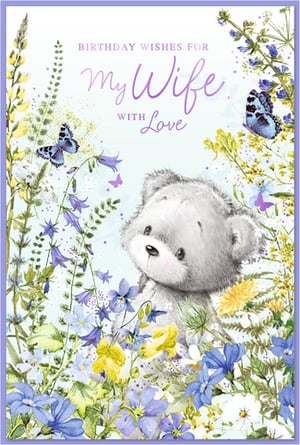 Celebrate your wife's special day with this utterly charming birthday card from Simon Elvin. Featuring an adorable grey teddy bear peeking out from a beautiful meadow of wildflowers, this card is designed to convey warmth and affection. Delicate blue and purple butterflies flutter amongst the vibrant blooms, creating a truly enchanting scene. The soft pastel colours and sweet illustration make this the perfect way to send your 'Birthday Wishes for My Wife With Love'. This delightful card is sure to bring a smile to her face. Available in a convenient pack size of 1x6.