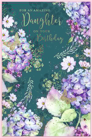 Make her birthday truly special with this exquisite 'Daughter' birthday card from Simon Elvin. Featuring a breathtaking floral design, this card showcases beautiful purple and blue hydrangeas, delicate white cosmos, and lush green foliage, all set against a rich teal background. Elegant gold foil butterflies add a touch of sparkle, complementing the stylish gold script that reads "FOR AN AMAZING Daughter ON YOUR Birthday". This card is perfect for conveying your heartfelt wishes to a cherished daughter. Stock up on this popular design, available in a convenient pack of 6, ensuring you're always ready for those important celebrations.