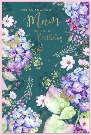 Help your customers celebrate their wonderful Mums with this beautiful birthday card from Simon Elvin. Adorned with a captivating floral design, this card features lush purple and blue hydrangeas, delicate white cosmos, and elegant golden butterflies, all set against a rich teal background. The warm message, 'FOR AN AMAZING Mum ON YOUR Birthday', is beautifully scripted, conveying heartfelt appreciation. This card offers a truly special way to mark her day, combining vibrant artistry with a loving sentiment. Supplied in a convenient pack of 6, it's a perfect addition to any greeting card selection, ensuring you have a premium option for every amazing Mum.