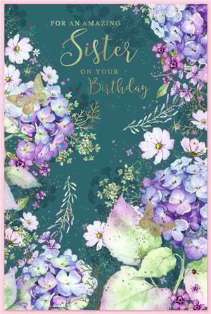 Offer your customers the perfect card for a special sibling with this beautiful 'Sister' birthday card from Simon Elvin. This design features a charming watercolour illustration, showcasing lovely purple and blue hydrangeas, delicate white cosmos, and elegant gold butterflies, all set against a rich teal background. The heartfelt message "FOR AN AMAZING Sister ON YOUR Birthday" is presented in an attractive mix of script and classic fonts. It's a wonderful choice for expressing affection and warm wishes. Available in a convenient pack of 6, this delightful card is a must-have addition to your greeting card range.