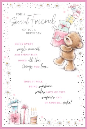 Send warm birthday wishes to a special friend with this adorable card from Simon Elvin. Featuring a charming teddy bear balancing a stack of colourful gifts, surrounded by delicate daisies and hearts, it's sure to bring a smile. The heartfelt message inside wishes them "sunshine, smiles, lots of nice surprises AND, OF COURSE... cake!" Perfect for celebrating a dear female friend, this card encourages them to enjoy every single moment and spend time doing all the things they love. This delightful design is available in a convenient pack of 6, making it an ideal choice for your retail offering.
