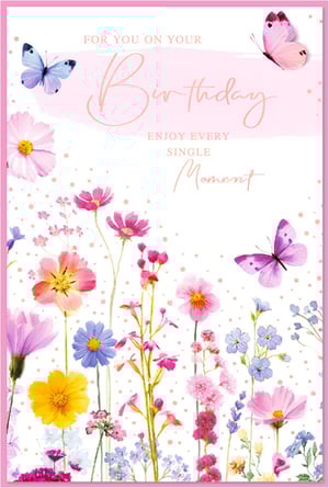 Brighten her special day with this enchanting 'Open Birthday Female' card from Simon Elvin. Featuring a delightful watercolour illustration, this card showcases a vibrant array of wildflowers in cheerful pinks, purples, blues, and yellows, alongside delicate butterflies. The uplifting message, 'FOR YOU ON YOUR Birthday ENJOY EVERY SINGLE Moment,' adds a heartfelt touch, making it perfect for any woman celebrating her birthday. Its charming and feminine design is sure to stand out. Available in a convenient pack of six, these beautiful cards are an ideal addition to your greeting card selection.