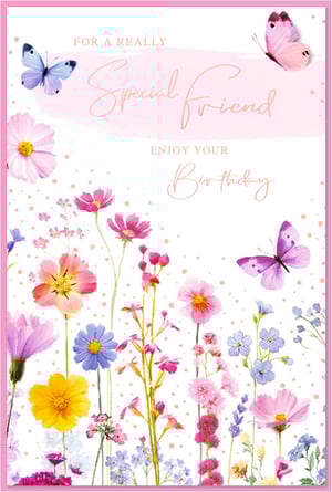 Celebrate a special bond with our delightful 'Friend Female' Birthday Card, brought to you by Simon Elvin. This charming card features a vibrant array of watercolour wildflowers and graceful butterflies, set against a soft pink polka-dot background. The heartfelt message, 'FOR A REALLY Special Friend, ENJOY YOUR Birthday,' is beautifully scripted, making it the perfect way to convey warm wishes. With its cheerful colours and elegant design, this card is sure to brighten any friend's special day. Available in a convenient pack of 6, it's an ideal addition to your greeting card selection, offering a lovely option for customers looking to celebrate their cherished friendships.