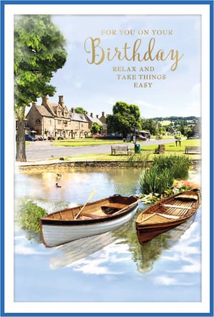 Discover the perfect way to wish someone a happy birthday with this delightful Open Birthday Male card from Simon Elvin. The stunning design transports you to a serene village setting, showcasing quaint stone buildings nestled amongst lush greenery, overlooking a tranquil pond where two classic wooden boats gently rest. The inviting message, 'FOR YOU ON YOUR Birthday, RELAX AND TAKE THINGS EASY', beautifully complements the peaceful scene, making it an ideal choice for any man who deserves a moment of calm. This card offers a wonderful blend of traditional charm and heartfelt sentiment. Available in a convenient 1x6 pack, it's a superb addition to your greeting card selection.