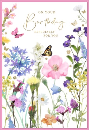 Celebrate her special day with this truly enchanting birthday card! Featuring a stunning watercolour illustration, this 'Open Birthday Female' design brings the beauty of a vibrant wildflower meadow to life. Delicate butterflies flutter amongst a charming array of colourful blooms in soft pinks, purples, blues, and yellows, creating a wonderfully cheerful and natural scene.

The elegant gold script on the front reads 'On Your Birthday Especially For You', adding a touch of warmth and sophistication. Perfect for sending heartfelt wishes to any woman, this versatile card is sure to bring a smile. Available in convenient packs of six from Simon Elvin, it's an ideal choice for your greeting card display.