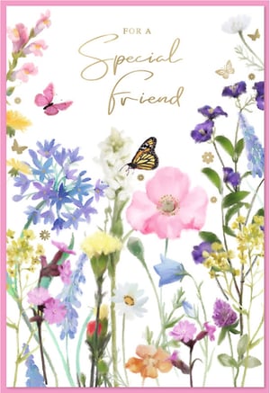 Brighten a special friend's day with this enchanting greeting card! Our 'Friend Female' card features a truly beautiful watercolour illustration, bursting with a vibrant array of wildflowers in shades of pink, purple, blue, and yellow. Delicate butterflies flutter amongst the blooms, adding a touch of whimsical charm.

The elegant gold script on the front proudly declares 'FOR A Special Friend', making it perfect for birthdays, thank yous, or simply to show you care. Each card is framed with a lovely pink border, completing its delightful design.

Supplied by Simon Elvin, these gorgeous cards come in a convenient pack of 6, ensuring you're always ready to celebrate the wonderful friends in your life. A thoughtful and artistic choice for any retailer.