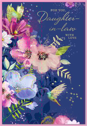 Offer your customers a truly exquisite way to celebrate their Daughter-in-law with this stunning card from Simon Elvin. Set against a rich navy background, the design bursts with vibrant pink, purple, and blue florals, beautifully enhanced by shimmering gold accents and a delightful hummingbird. The elegant gold script conveys a heartfelt message: 'FOR YOU, Daughter-in-law WITH LOVE', making it a perfect token of affection for any special occasion. This artistic and luxurious card is sure to stand out. Stock up with our convenient pack of 6 and add a touch of sparkle to your greeting card selection.