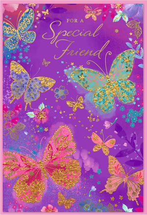 Delight your customers with this enchanting 'Friend Female' card from Simon Elvin. Featuring a captivating design of shimmering butterflies in vibrant pink, blue, and teal, all beautifully accented with intricate gold glitter on a rich purple background, this card truly stands out. The elegant 'FOR A Special Friend' message makes it perfect for celebrating those cherished connections. Each card is a little work of art, offering a heartfelt way to show appreciation. Stock up on these popular cards, available in a convenient pack of 1x6, and add a touch of sparkle to your greeting card selection.