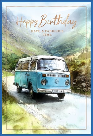 Wish him a truly happy birthday with this charming card from Simon Elvin. Perfect for any male recipient, this 'Open Birthday' design features an iconic blue Volkswagen camper van, ready for adventure on a winding mountain road. The beautiful watercolour-style artwork evokes a sense of freedom and wanderlust, making it ideal for those who appreciate classic vehicles and scenic escapes. With the heartfelt message "Happy Birthday, HAVE A FABULOUS TIME", it's a wonderful way to celebrate his special day. Available in a convenient pack size of 1x6.