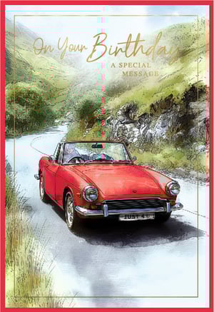 Celebrate a special birthday with this charming 'Open Birthday Male' card from Simon Elvin. Featuring a classic red convertible cruising along a picturesque mountain road, it evokes a sense of freedom and adventure. The elegant 'On Your Birthday' message, accompanied by 'A Special Message', makes it perfect for conveying warm wishes. This beautifully illustrated card is ideal for any classic car enthusiast or anyone who appreciates a scenic drive. Available in a convenient pack of 6, it's a wonderful choice for your retail offering.