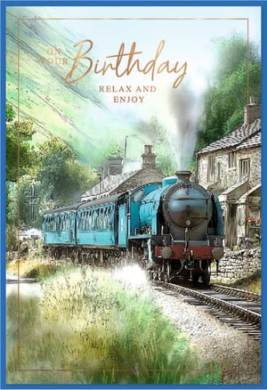 Introduce a touch of classic charm to your card selection with our 'Open Birthday Male' card, proudly brought to you by Simon Elvin. This beautifully illustrated birthday card features a majestic blue steam train, gracefully making its way through a serene, verdant landscape. The detailed artwork showcases rolling hills, traditional stone cottages, and a peaceful atmosphere, perfect for a relaxing birthday wish. Adorned with the heartfelt message 'On Your Birthday, Relax and Enjoy', it’s an ideal choice for celebrating any male recipient who appreciates the timeless beauty of British countryside and iconic steam locomotives. Available in a convenient pack of 6, these cards are sure to be a popular addition to your range.