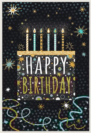 Celebrate in style with this striking 'Open Birthday Male' card from Simon Elvin. Featuring a sophisticated black background, this card truly sparkles with a glittery gold birthday cake, complete with five lit candles. The 'HAPPY BIRTHDAY' message stands out in crisp white and shimmering gold, surrounded by a shower of gold and teal confetti, stars, and elegant ribbons. The modern design and vibrant accents make it a perfect choice for any male recipient, offering a touch of class and celebration. Each pack contains 6 high-quality cards, ready to add a special touch to any birthday occasion.