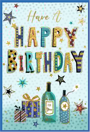 Celebrate in style with our vibrant 'Open Birthday Male' card, perfect for any special man in your life! This eye-catching design features bold, glitter-embellished 'Happy Birthday' lettering, adorned with a mix of contemporary patterns like stripes and polka dots in a cool palette of blues, teals, and gold.

Scattered stars and festive illustrations of stylish gift boxes and celebratory bottles add to the sophisticated charm. The light blue background with subtle polka dots provides a modern touch. Ideal for sons, brothers, fathers, or friends, this versatile card offers a truly memorable way to send your best wishes. Available in a convenient pack of 6, ensuring you're always ready for those important male birthdays.