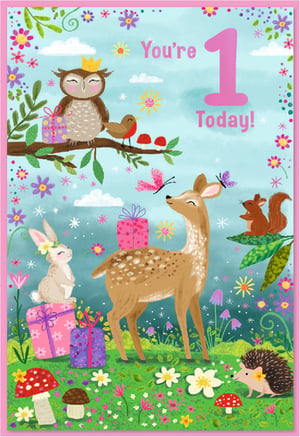 Celebrate a precious first birthday with this enchanting Age 1 Female card! Featuring a delightful array of woodland creatures, including a charming crowned owl, a sweet deer, a playful rabbit, and a friendly hedgehog, all gathered amidst a vibrant scene of colourful flowers, fluttering butterflies, and thoughtful gifts. The soft pastel background and whimsical illustration style create a truly magical feel, perfect for marking such a special milestone. With 'You're 1 Today!' proudly displayed, this card is sure to bring joy to any little girl's big day. Supplied by Simon Elvin in a convenient pack of 6, it's an ideal addition to your retail collection.
