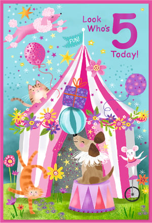 Make a little girl's 5th birthday extra special with this delightful circus-themed card! Featuring a vibrant big top tent, this charming design is bursting with playful characters. Watch as a clever dog balances a ball, a nimble cat performs a handstand, and a sweet mouse cycles on a unicycle, all under a shower of stars and balloons. The cheerful illustrations and bright colours create a truly joyful scene, perfect for celebrating a milestone birthday. This 'Look Who's 5 Today!' card is sure to bring a huge smile to any young recipient. Supplied by Simon Elvin, each pack contains 6 cards, ready to add a touch of magic to your birthday card selection.