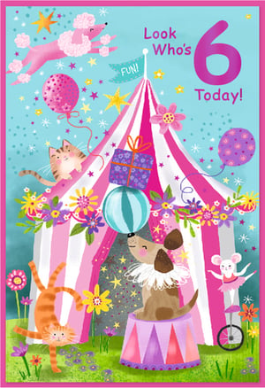 Step right up for a fantastic 6th birthday celebration! This vibrant card is bursting with circus magic, perfect for a special little girl. Adorable performing animals, including a leaping pink poodle, a balancing dog, and a unicycling mouse, bring the big top to life. The colourful design features a striped tent, cheerful balloons, and sparkling stars, all set against a bright blue sky. With the joyful message 'Look Who's 6 Today!', this card is a brilliant way to send birthday wishes. It's a truly fun and memorable choice for any six-year-old's big day.
