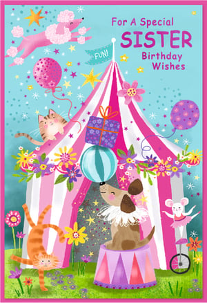 Make your sister's birthday extra special with this wonderfully vibrant card! Designed by Simon Elvin, this delightful card features a whimsical circus scene bursting with colour and charm. Adorable performing animals, including a balancing dog, acrobatic cat, and a poodle flying through stars, create a truly joyful atmosphere. The big top tent, balloons, and sparkling details add to the festive fun. With the heartfelt message 'For A Special SISTER Birthday Wishes', it's the perfect way to celebrate. Each pack contains 6 cards, ready to bring smiles to your customers.