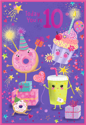 Make a 10th birthday extra sweet with this wonderfully vibrant card from Simon Elvin. Perfect for a special girl, this design features an array of adorable, smiling sweet treats – from a dancing donut in a party hat to a cheerful cupcake and a cute smoothie, all surrounded by sparkling fireworks, gifts, and stars.
The bright purple background and playful characters create a truly joyful celebration, making it the perfect way to wish a happy 10th birthday. This delightful 'Age 10 Female' card is sure to bring a smile to any recipient. Available in a convenient pack size of 1x6.