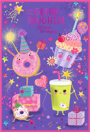 Offer your customers the perfect way to celebrate a special granddaughter with this enchanting birthday card from Simon Elvin. Bursting with vibrant colours and playful charm, the design features an adorable cast of characters – a cheerful donut, a sweet cupcake, and a happy drink cup – all ready to party! Adorned with sparkling fireworks, festive gifts, and twinkling stars on a rich purple background, this card truly captures the magic of a birthday. It's an ideal choice for any granddaughter's special day, promising smiles and warm wishes. Available in a convenient pack of 6, this delightful card is a wonderful addition to your greeting card range.
